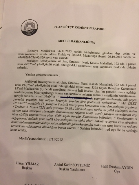  Ortahisar Belediyesi Plan bütçe komisyon raporu ismail inan ın ŞERHİ